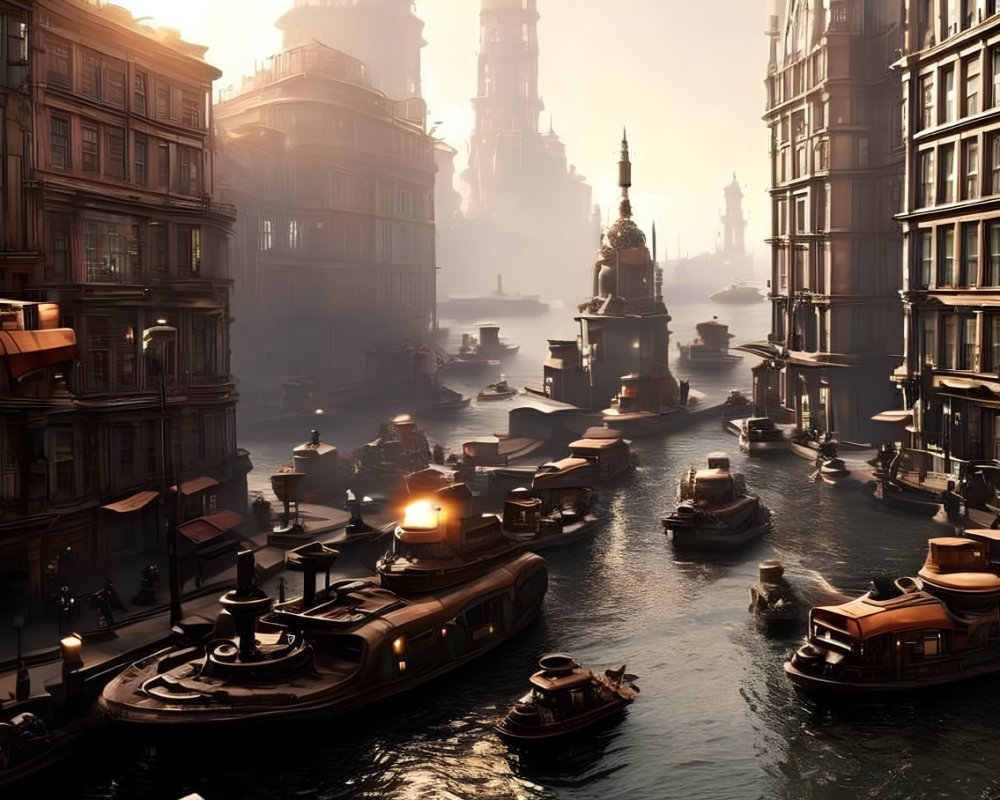 Steampunk-inspired cityscape with boats in sunlit canals