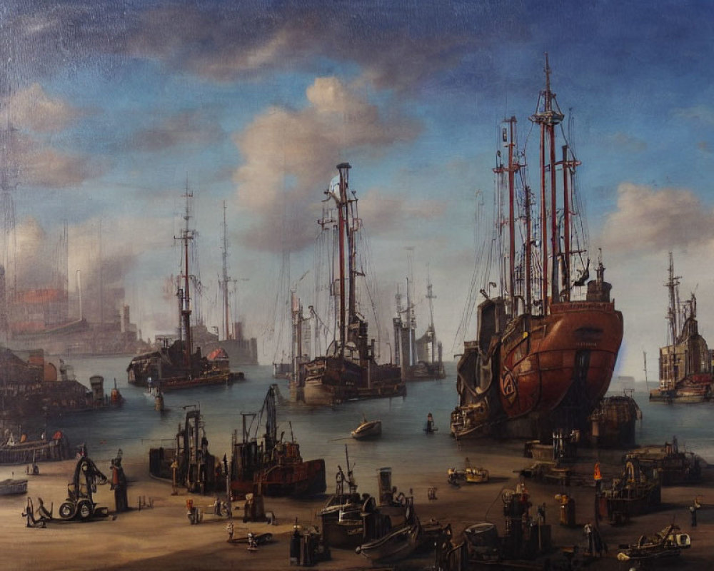 Detailed painting of bustling port with ships and figures under cloudy sky