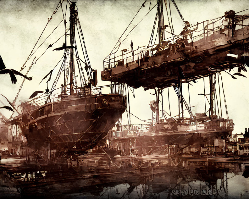 Vintage maritime scene with shipyard, cranes, and ship repair under sepia tones.