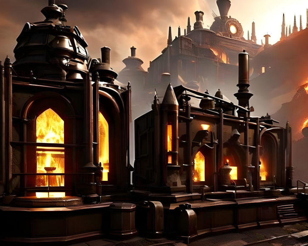 Steampunk-style industrial complex with fiery furnaces and intricate metalwork.