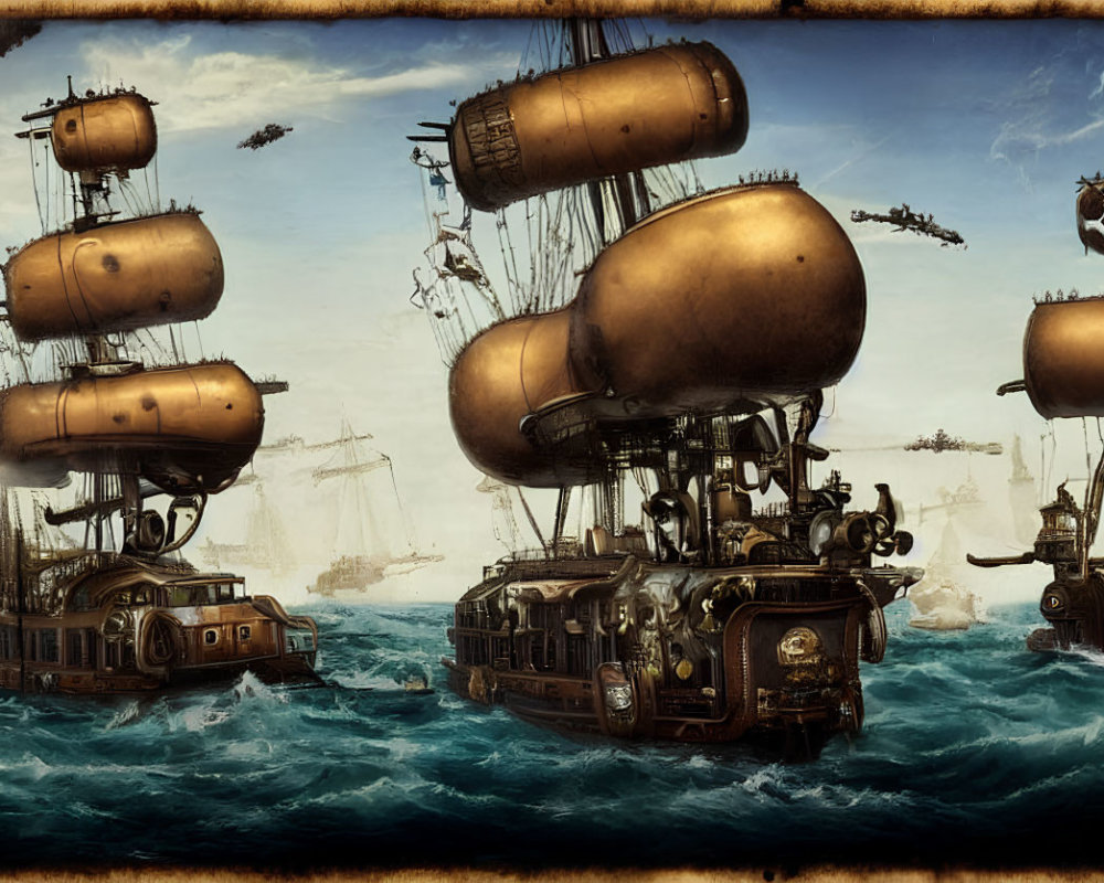 Steampunk airships with propellers and balloons over turbulent seas