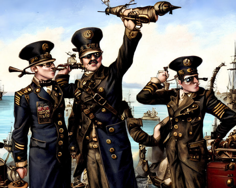 Steampunk-style officers with brass goggles and gadgets by the sea.