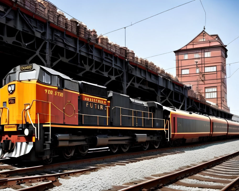Black and Yellow Diesel Locomotive Pulling Red Passenger Train Beside Tall Brick Building