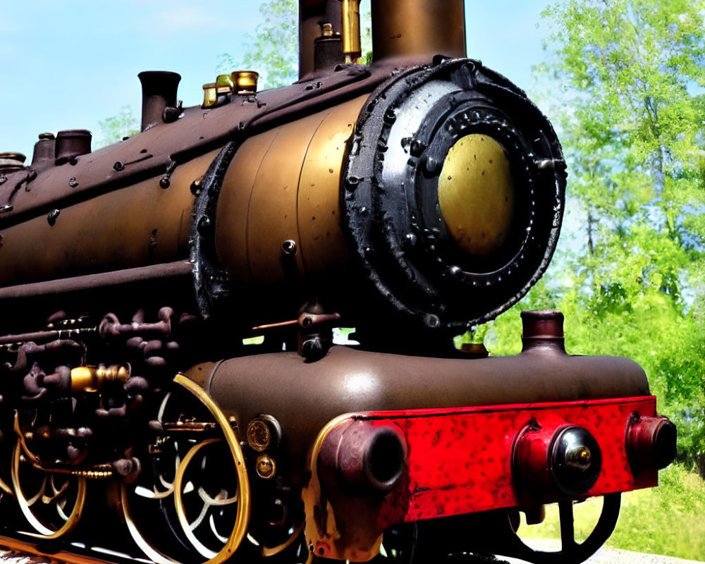 Vintage steam locomotive with black boiler, gold trim, and red cowcatcher on tracks in nature