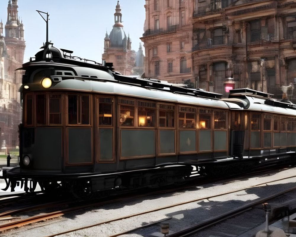 Vintage Tram on Urban Tracks with Ornate Historic Buildings