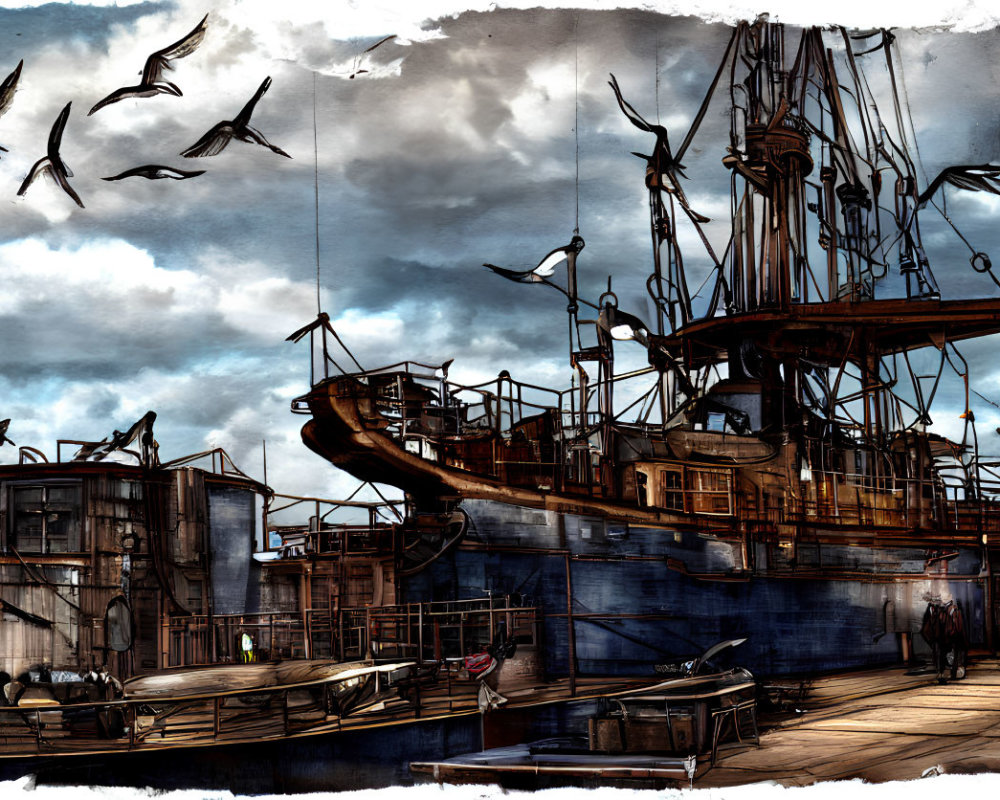 Illustration of old, rusted ship at bleak dockyard with lone figure under cloudy sky