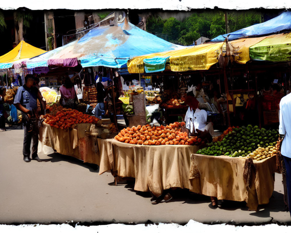 Vibrant outdoor market with colorful canopies and fruit vendors on a sunny day