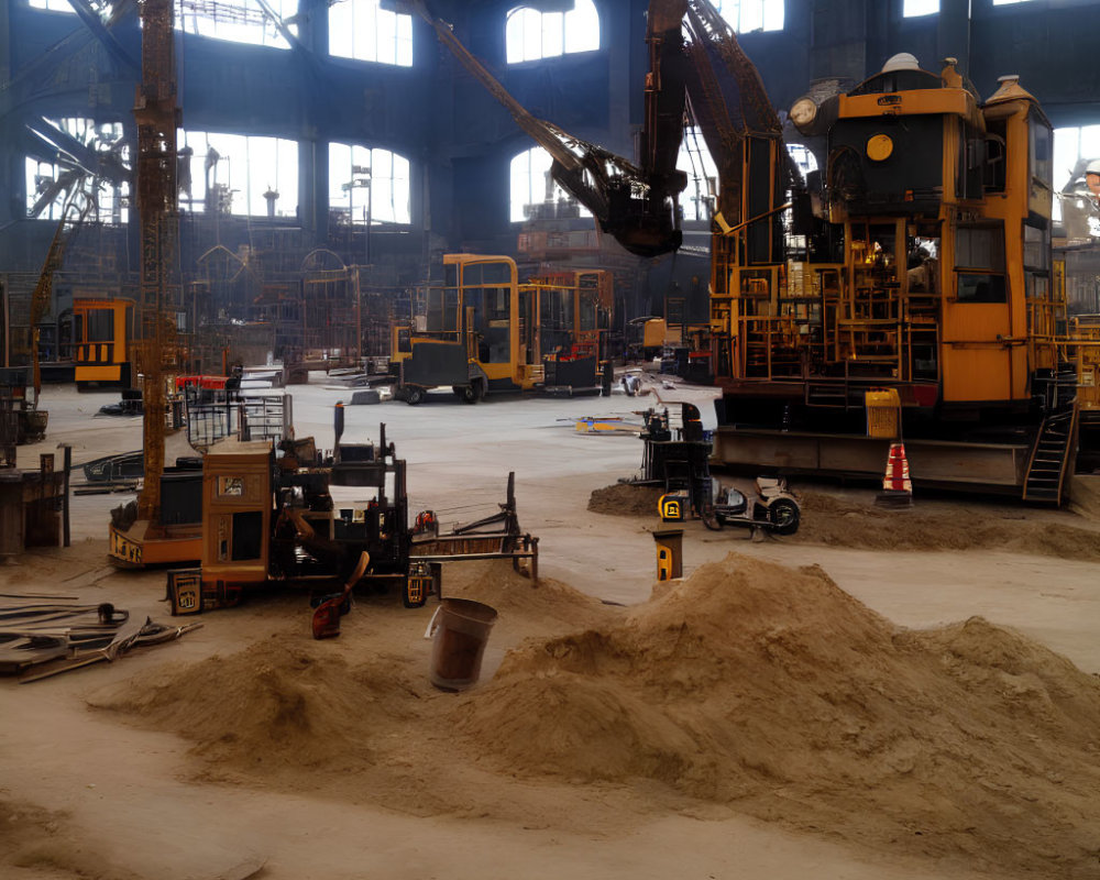 Large warehouse interior with industrial machinery like excavators and forklifts.