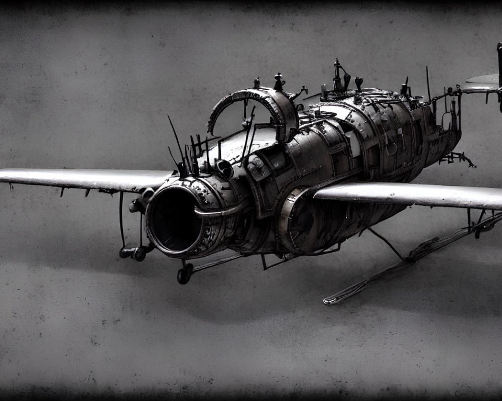 Monochromatic vintage airplane art with mechanical details on textured grey background