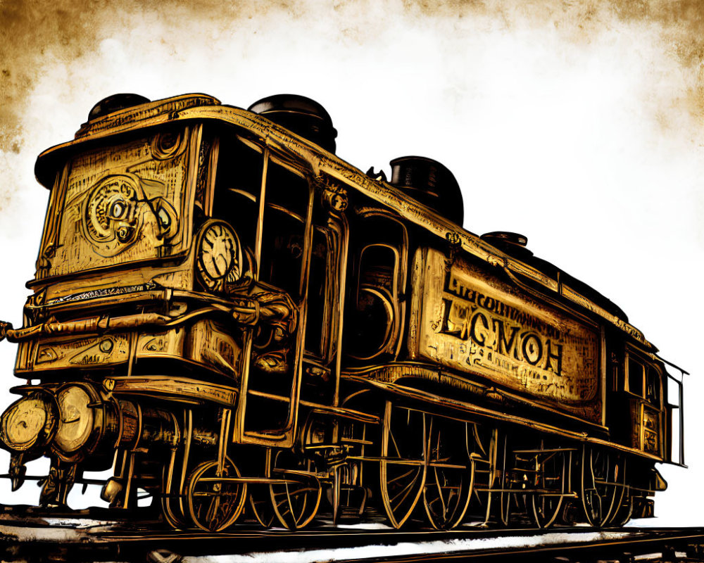 Vintage train illustration with ornate details and "LUCIOMOTIVE" text in sepia