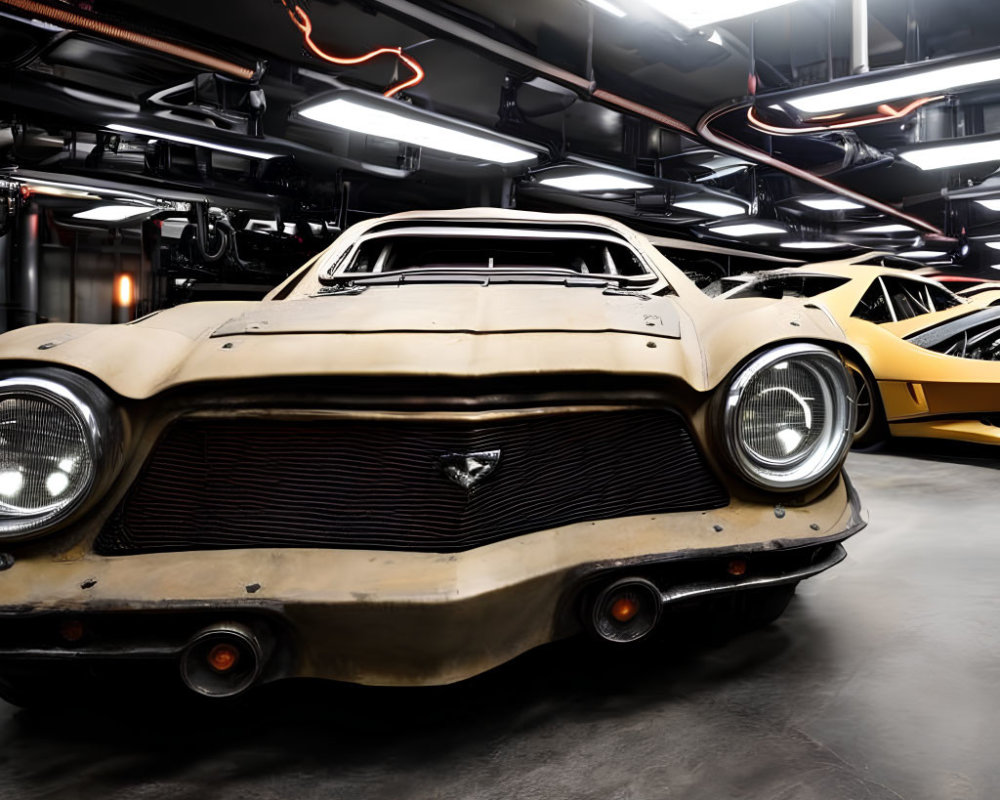 Vintage Car and Yellow Sports Car in Modern Garage