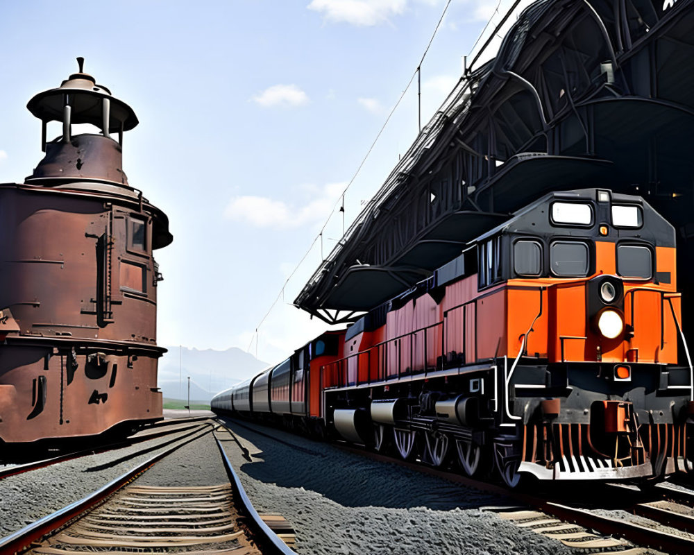 Colorful digital illustration of orange and black train on tracks with vintage caboose at train station