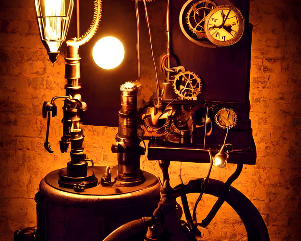Vintage Steampunk-Style Workstation with Antique Microscope, Gears, Dials, and