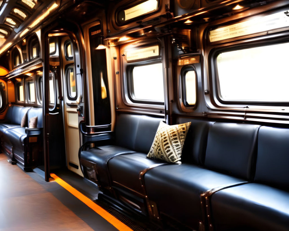 Luxury Train Compartment with Plush Black Seats and Decorative Pillows
