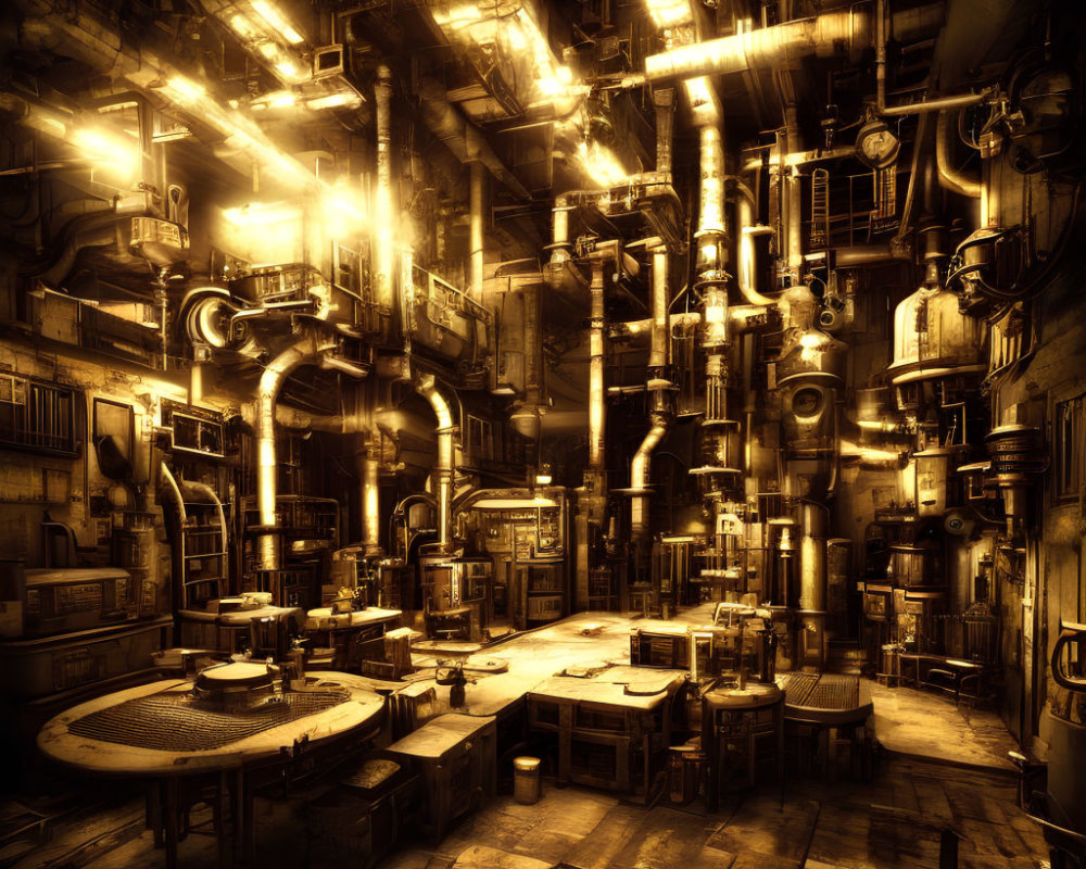 Industrial interior with intricate pipework, machinery, glowing lights, and control consoles