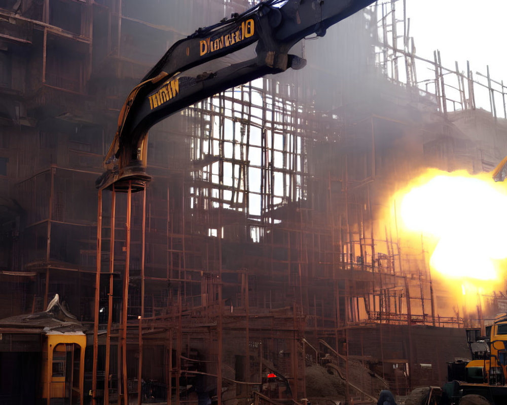 Sunset construction site with scaffolding, crane boom, and dust in warm glow