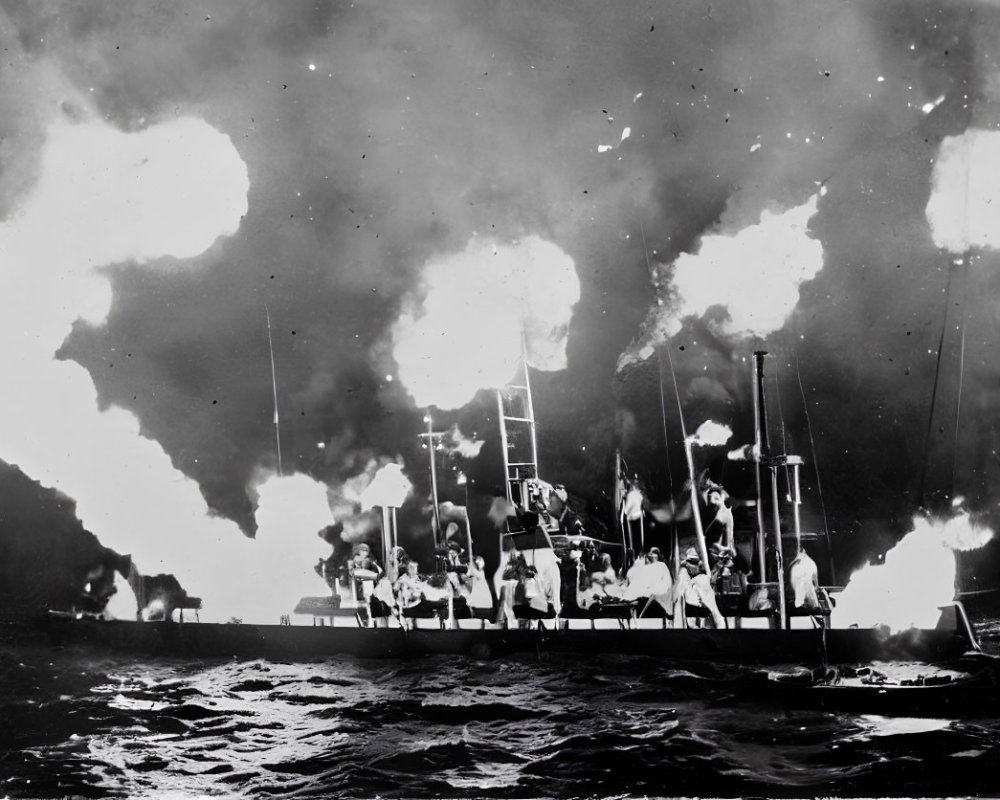Monochrome historical image of ship ablaze at sea