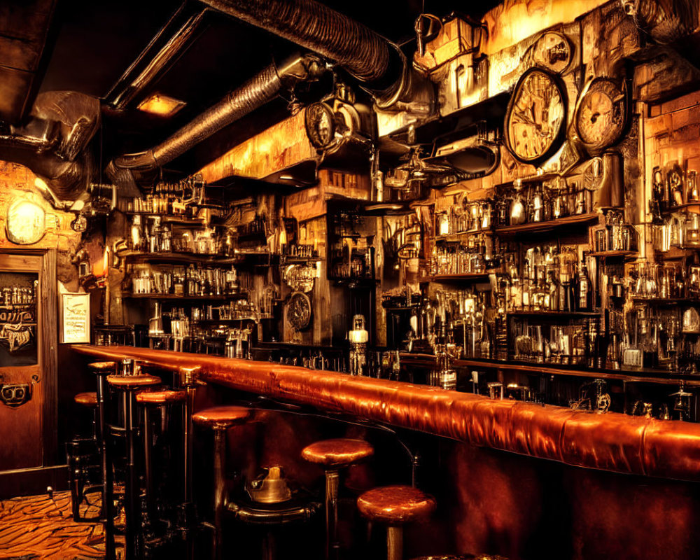 Vintage bar interior with clocks, leather stools, and stocked shelves