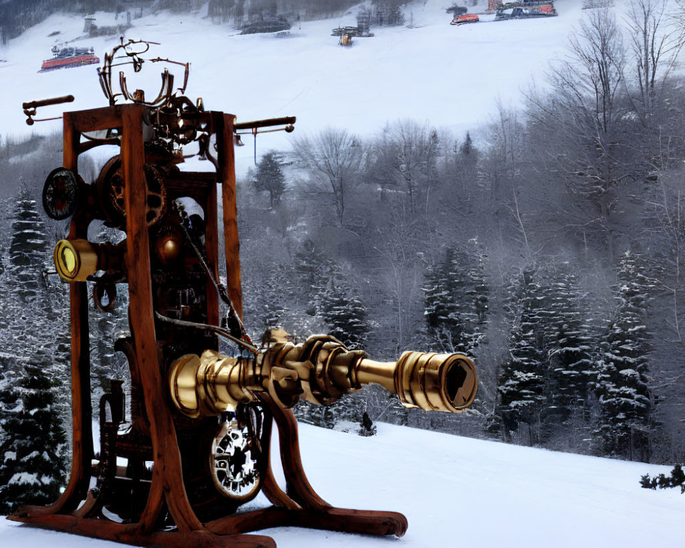 Steampunk-style brass sculpture overlooking snowy ski slopes