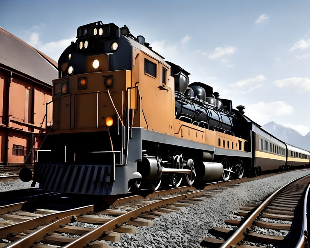 Vintage Black and Yellow Locomotive Pulls Passenger Cars with Mountain Background