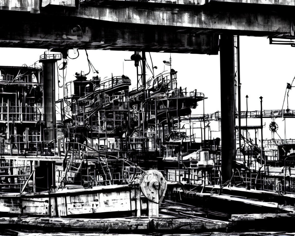 Grayscale image of cluttered industrial dock with fishing boats and machinery under cloudy sky