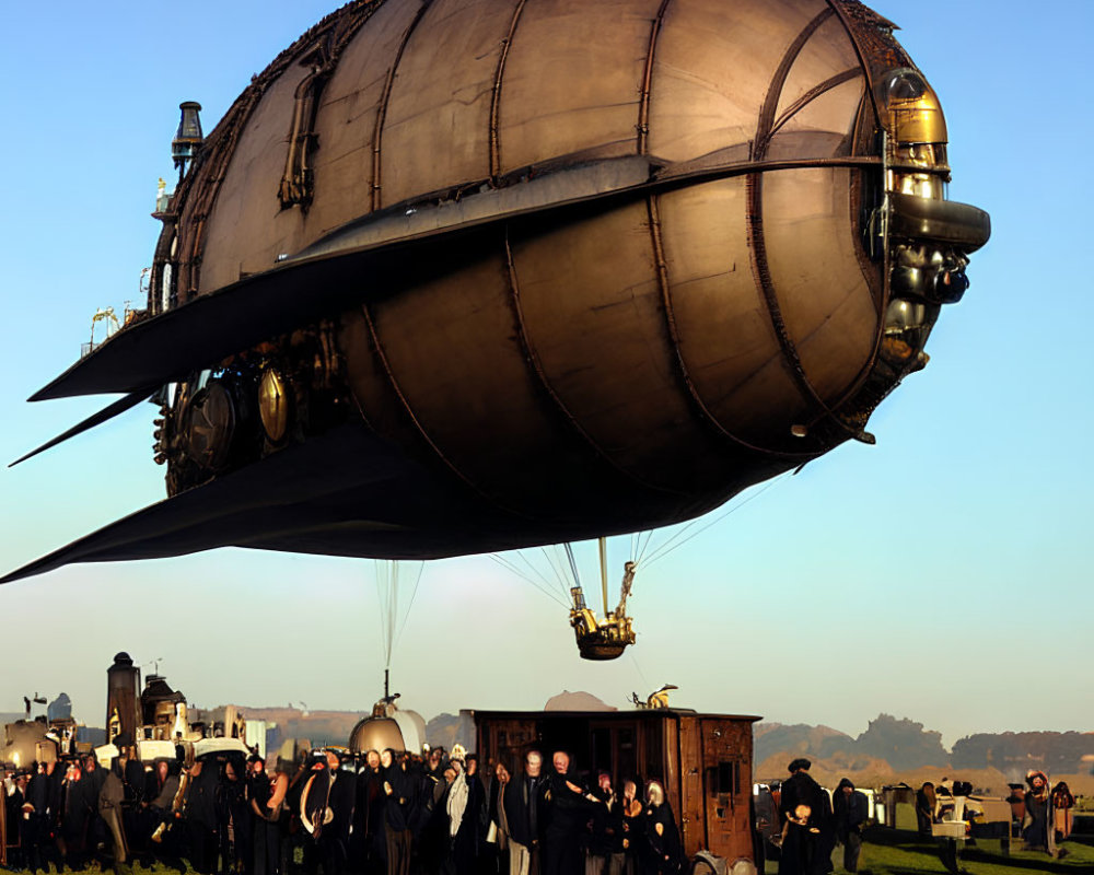Group of people in period costumes under retrofuturistic airship