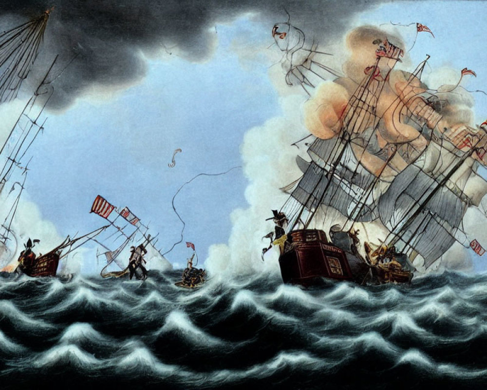 Stormy Ocean Artwork: Large Ship on Fire in Naval Battle