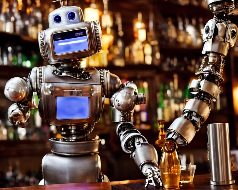 Futuristic robotic bartender with humanoid torso and digital eyes serving drinks in warmly lit bar