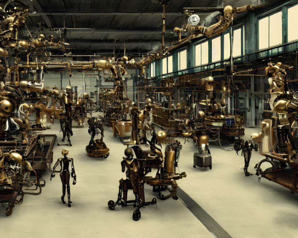 Steampunk-inspired factory with brass machines and humanoid robots