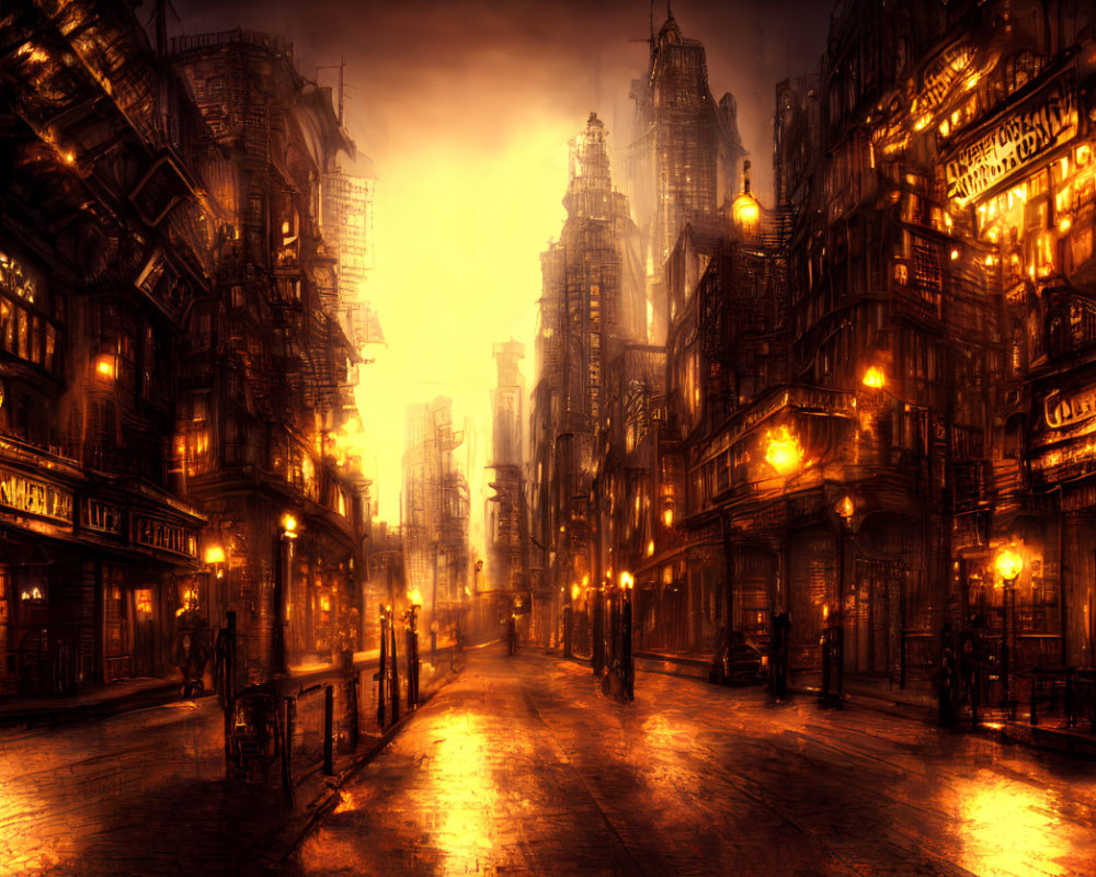 Dusky cityscape with Victorian buildings and glowing streetlamps