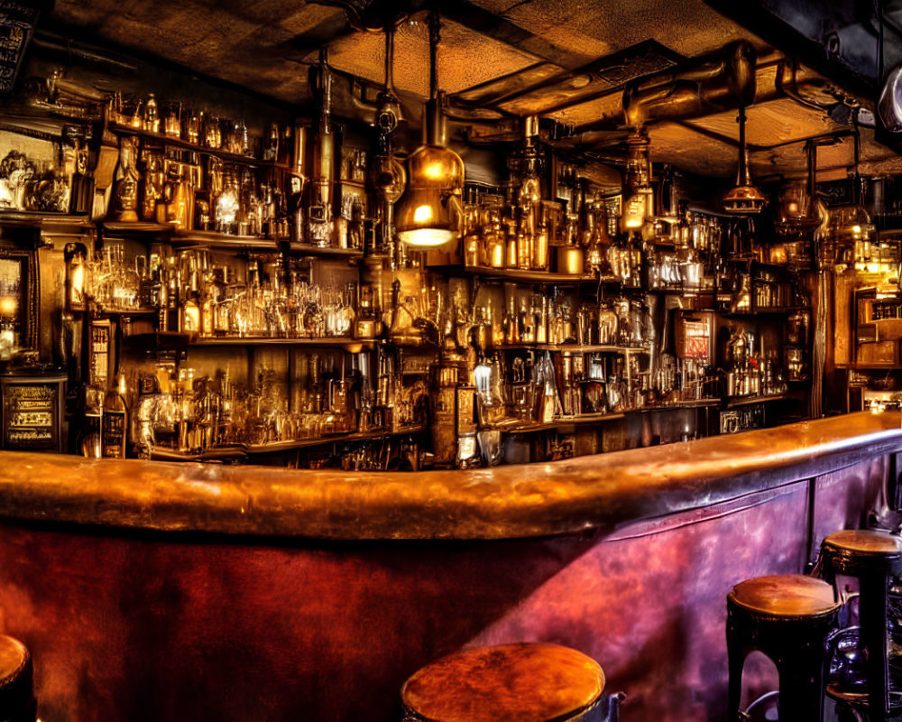 Cozy Vintage Bar with Curved Wooden Counter and Ambient Lighting