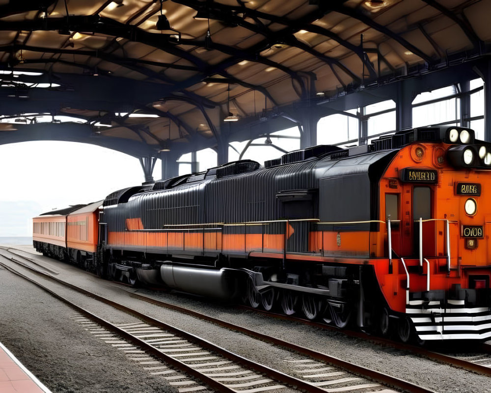 Orange and Black Locomotive Under Station Canopy with Clear Sky