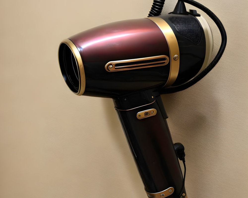 Wall-Mounted Black and Gold Hairdryer on Beige Background