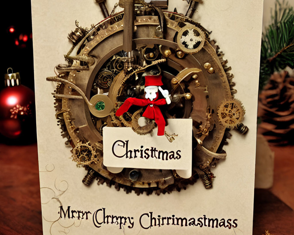 Steampunk-style Christmas wreath with gears and Santa figurine on festive background.
