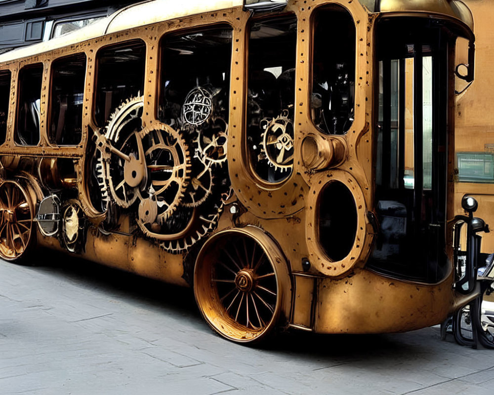 Steampunk-themed retro-futuristic tram on urban cobblestone