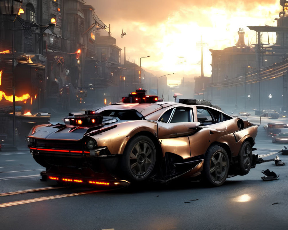 Futuristic police car with flashing lights in dystopian city street at sunset