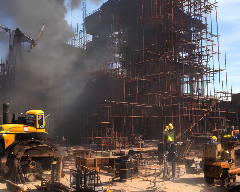 Busy construction site with workers, machinery, scaffolding, and smoke under blue sky