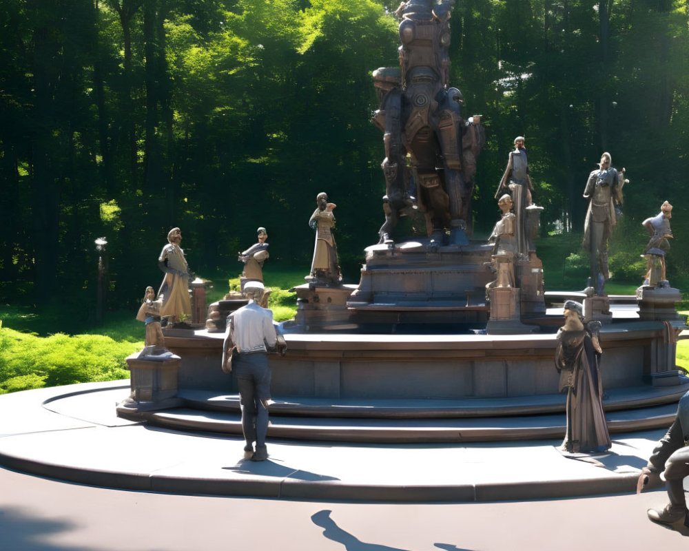 Bronze statue surrounded by smaller statues in sunlit park