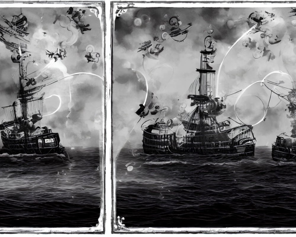 Monochrome artwork featuring ancient ships in rough seas with ghostly figures and chaotic ambiance.