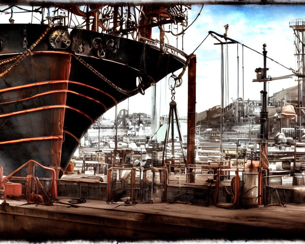 Vintage Industrial Dock Scene with Cranes and Ship