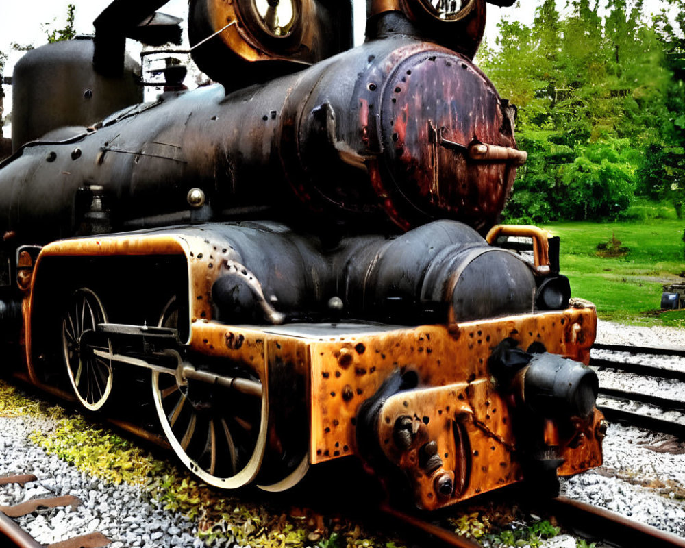 Rusted steam locomotive on railway tracks in greenery