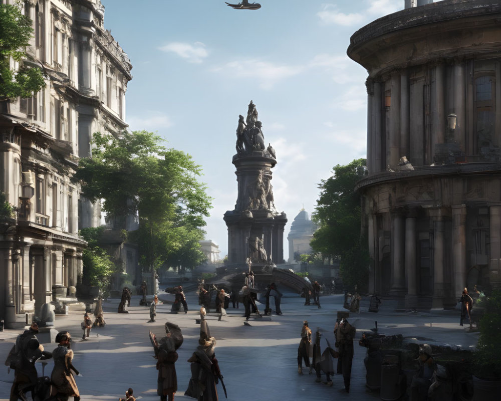 Vintage cityscape with period attire, European architecture, and flying vehicle.