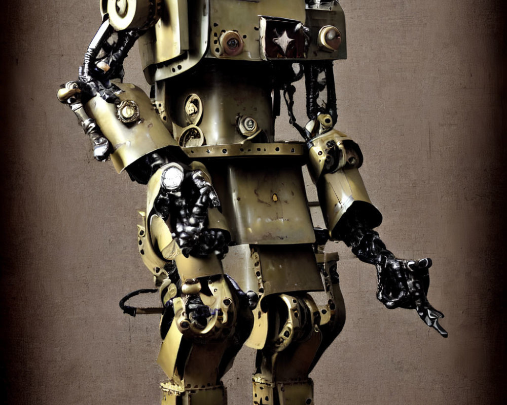 Intricate Steampunk Robot with Brass Finish and Grappling Hook