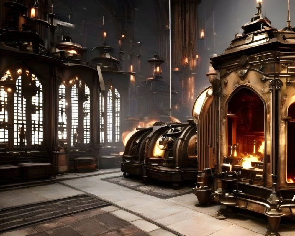 Gothic Interior with Arched Windows, Vaulted Ceilings, and Steampunk-In