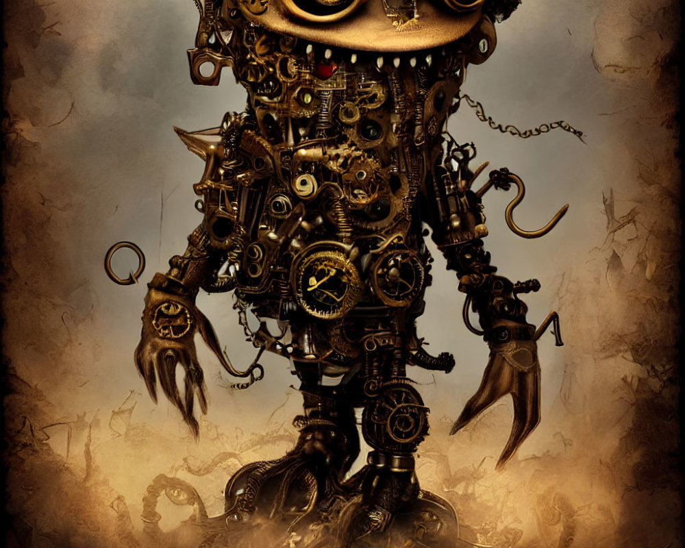 Steampunk-style robot with large eyes and mechanical limbs on sepia-toned background