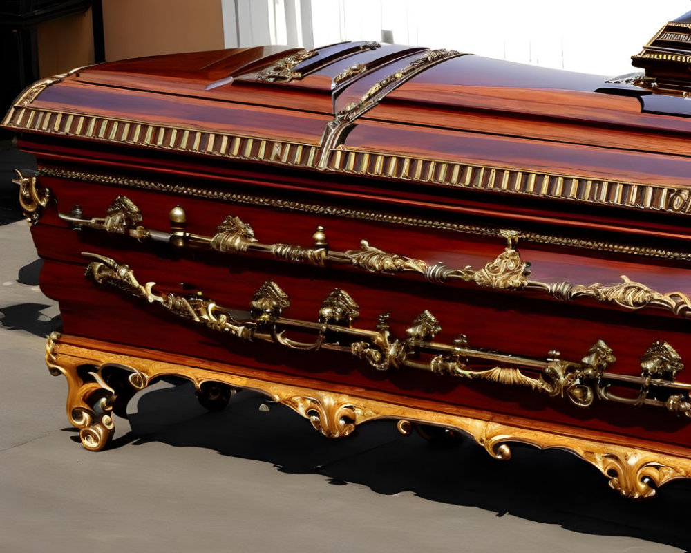 Elaborate Wooden Casket with Brass Handles and Decorations