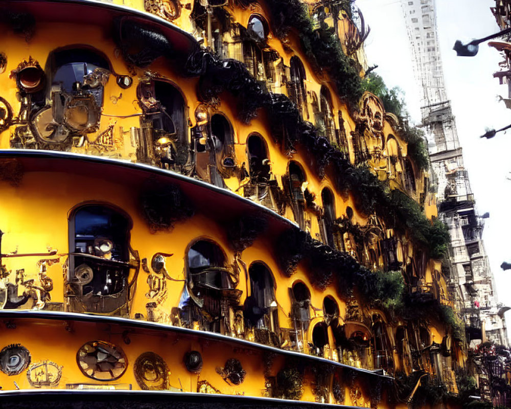 Elaborate Gold Facade Decorations on Multi-Storied Building at Dusk