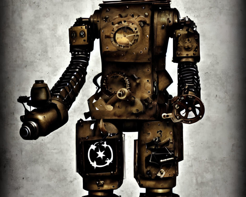 Steampunk-Style Robot with Brass Gears on Textured Background