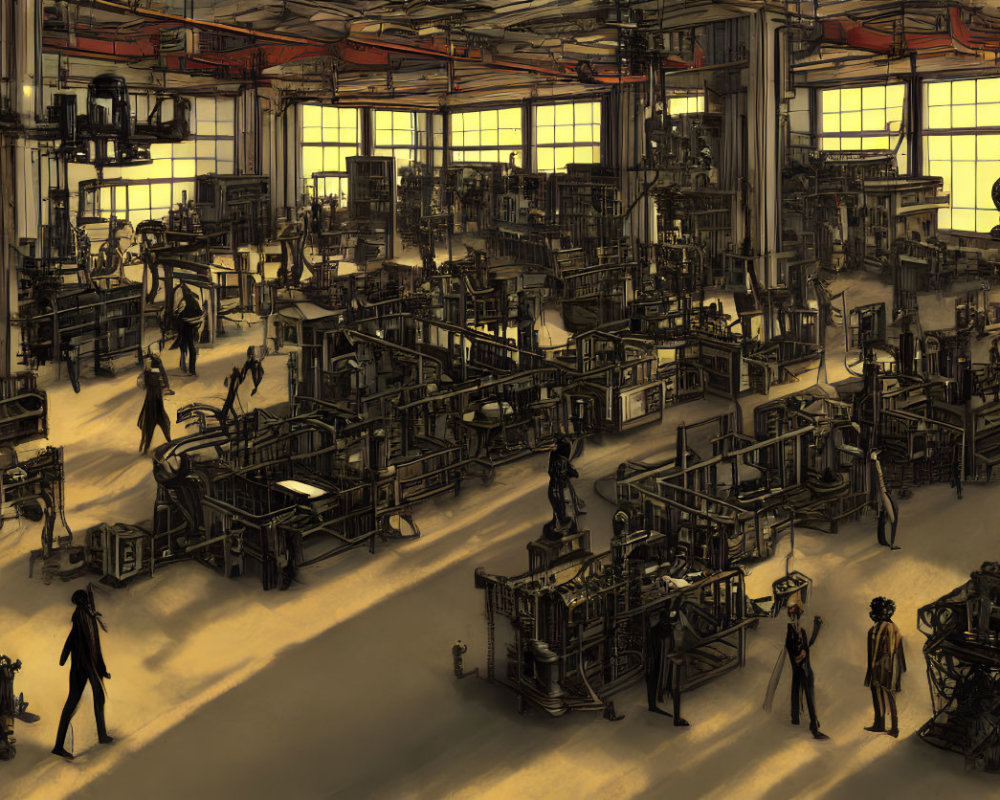 Busy industrial factory floor with workers and machinery under warm glow
