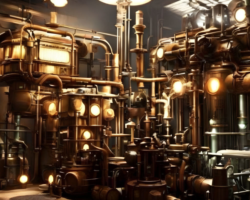 Dimly Lit Industrial Interior with Brass Pipes and Machinery